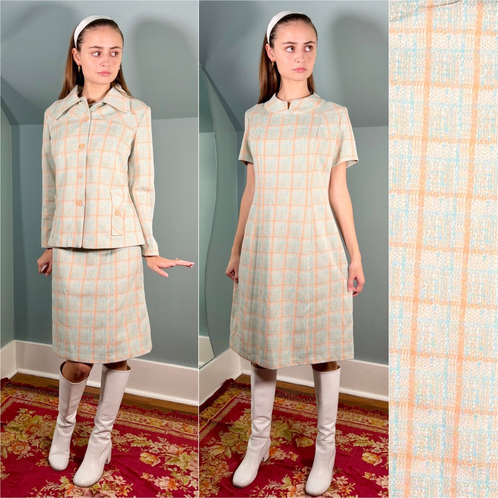 Vintage 1960s Plaid Dress & Jacket Set Pastel Mod Gogo Shift Fall 60s Medium
